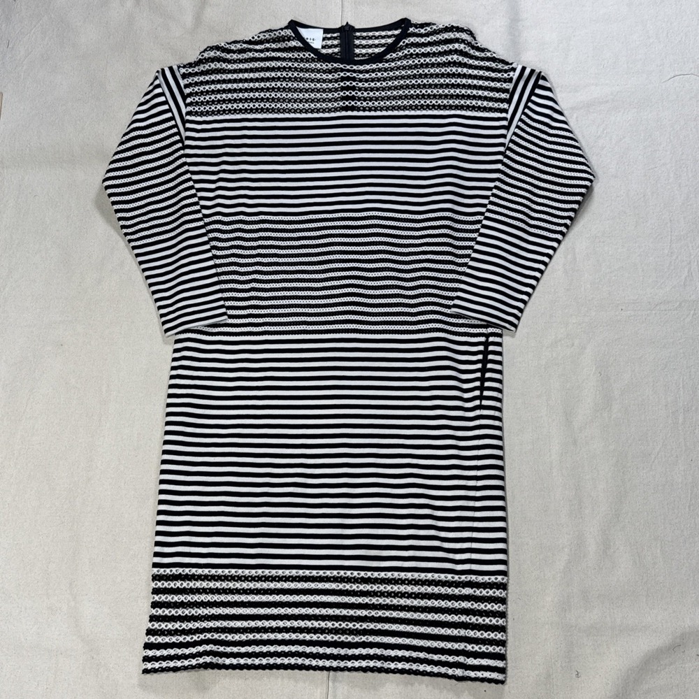 Akris Punto Black White Striped Mesh Midi Pleated Shirtdress Size 6 w/Pockets